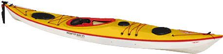 Yellow Cappuccino kayak with red trim, nigel foster